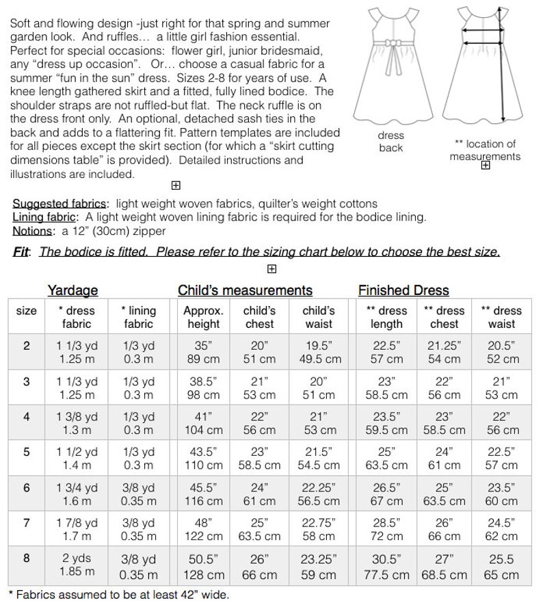 May include: A sewing pattern with detailed instructions for a girl's dress, featuring a knee-length gathered skirt and a fitted bodice. Includes measurements in inches and centimeters for sizes 2-8, with fabric suggestions and a 12-inch zipper.