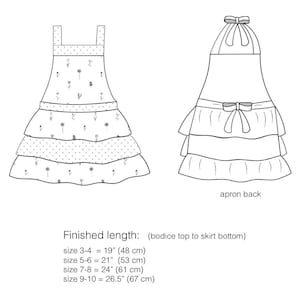 May include: Line drawing of a tiered apron with a bow at the neck. The apron has a floral print with small white flowers and polka dots. The finished length is 19 inches for sizes 3-4, 21 inches for sizes 5-6, 24 inches for sizes 7-8, and 26.5 inches for sizes 9-10.
