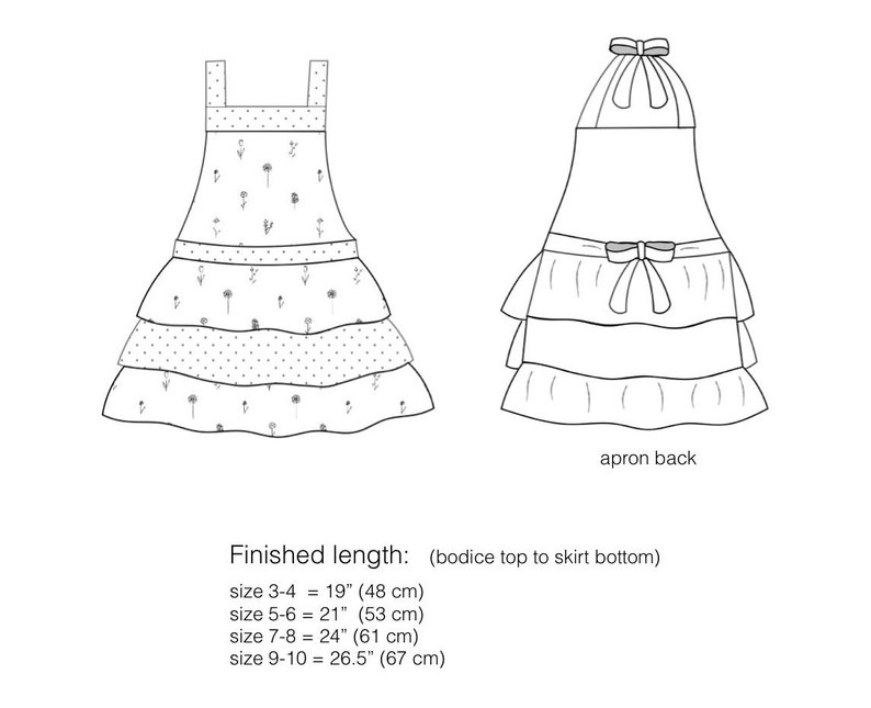May include: Line drawing of a tiered apron with a bow at the neck. The apron has a floral print with small white flowers and polka dots. The finished length is 19 inches for sizes 3-4, 21 inches for sizes 5-6, 24 inches for sizes 7-8, and 26.5 inches for sizes 9-10.