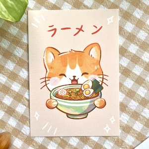Simpatica cartolina con gatto Ramen - biglietto d'auguri A6 stampa artistica