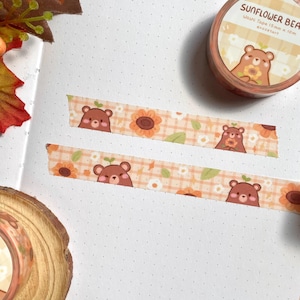 Schattige zonnebloembeer Washi Tape - Decoratieve plakband - Schattig briefpapier - 15 mm x 10 m