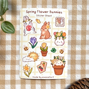 Spring Flower Bunnies Sticker Sheet - Handmade Sticker Sheet for Journaling, Planning & Scrapbooking
