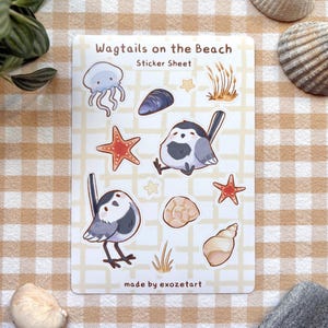 Könnte beinhalten: Ein Stickerbogen mit dem Titel "Wagtails on the Beach" mit Illustrationen von Quallen, Seesternen, Muscheln und Vögeln. Die Aufkleber sind in Blau-, Orange- und Beigetönen gehalten. Der Text "made by exozetart" steht unten.