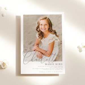 May include: A baptism invitation for Charlotte Marie King. The invitation features a photo of Charlotte in a white dress, with the text "Charlotte" written in cursive above her. The invitation includes the date, time, and location of the baptism, as well as information about a luncheon to follow.