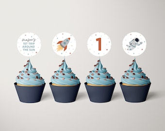 Editable First Trip Around the Sun Space Birthday Cupcake Topper Template: Instant Download