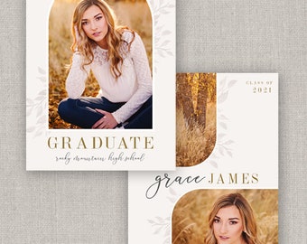 May include: Graduation announcement cards with a photo of a person in a white top and jeans. The cards have a cream background with gold text that reads "GRADUATE" and "grace JAMES". The cards also include the text "CLASS OF 2021".