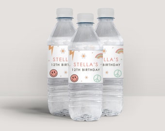 Étiquettes de bouteille d'eau de fête d'anniversaire Happy Face modifiables : téléchargement immédiat