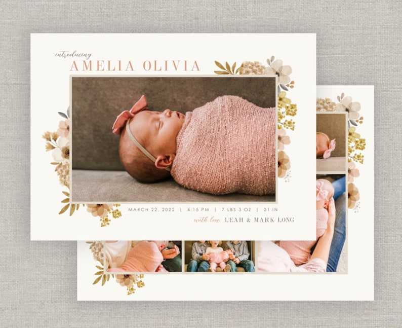 Modèle modifiable de faire-part de naissance pour petite fille Amelia : téléchargement immédiat image 1