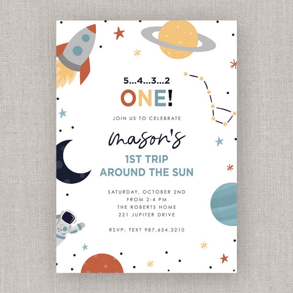 Editable First Trip Around the Sun Space Birthday Invitation Template: Instant Download