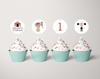 Editable Circus Birthday Cupcake Topper Template: Instant Download