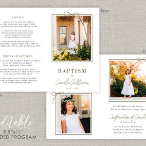 May include: A folded baptism program, 8.5" x 11", features photos of a young girl in a white dress. The front displays the word "Baptism" and the girl's name. Inside, the program includes text about baptism and confirmation details.
