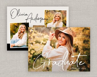 May include: Two graduation announcements featuring a smiling blonde woman. One card has the name "Olivia Anderson" and photos. The other card says "Graduate" and "Class of 2022" in script.