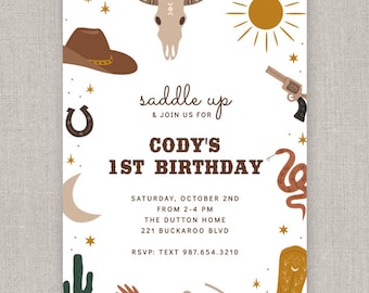 Modèle d'invitation d'anniversaire Cowboy modifiable : téléchargement immédiat