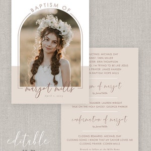 May include: A printable 5x7 inch flat program for a baptism or confirmation ceremony. The program features a photo of a young girl with a flower crown, the text "Baptism of Margot" and "Confirmation of Margot", and the date "April 1, 2023".