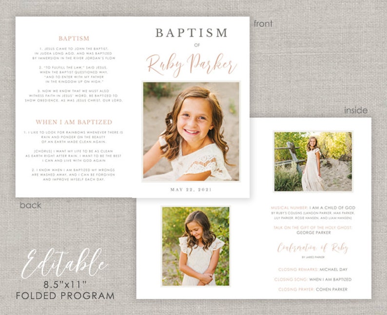 Editable Ruby LDS Baptism Folded Program Template: Instant Download image 1