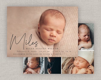 May include: A newborn baby announcement card with a collage of photos of a baby boy named Miles. The card includes the baby's name, birth date, time, weight, and length. The text reads "Miles August Wilson, February 2, 2023, 10:20 am, 5 lbs 5 oz, 19 in. Welcomed with love by Tyler & Carlie."