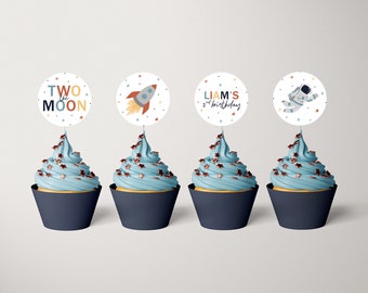Modèle de décoration de cupcake anniversaire deux la lune modifiable : téléchargement immédiat