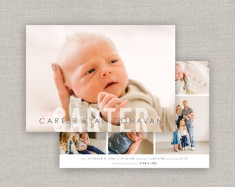 May include: A birth announcement card with a collage of photos of a newborn baby boy named Carter Ryan Donovan. The card includes the baby's birth date, time, weight, and length. The text "welcomed with love by Ryan & Lena" is also included.