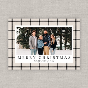 Editable Cream Plaid Christmas Card Template: Instant Download