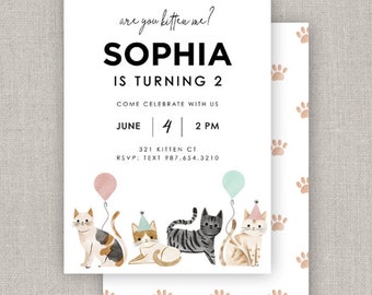 Editable Kitty Cat Birthday Party Invitation Template: Instant Download