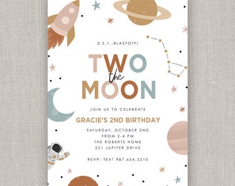 Editable Two the Moon Space Birthday Invitation Template: Instant Download