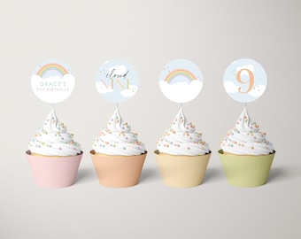 Editable Cloud Nine Birthday Cupcake Topper Template: Instant Download