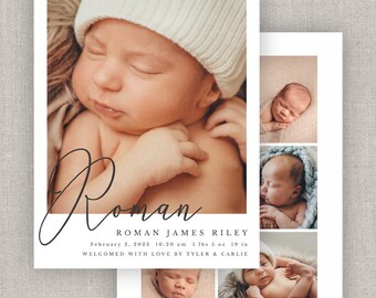 May include: A newborn announcement card featuring a baby wearing a white knit cap. The card includes the name "Roman" in elegant script, along with the baby's birth details: February 2, 2023, 10:20 am, 5 lbs 5 oz, 19 in. Additional photos are included.