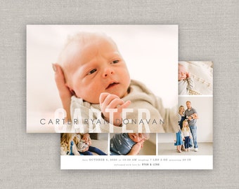 May include: A newborn announcement card featuring a baby's face with the name "CARTER" overlaid. Additional photos of the baby and family are included. The card states the baby's birth date, time, weight (7 lbs 2 oz), and length (20 in).