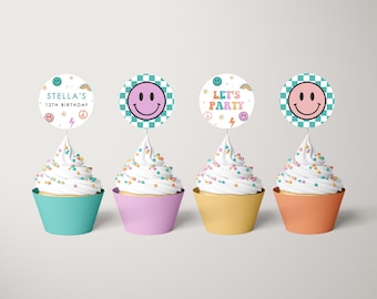 Bewerkbare Happy Face verjaardag Cupcake Topper sjabloon: direct downloaden