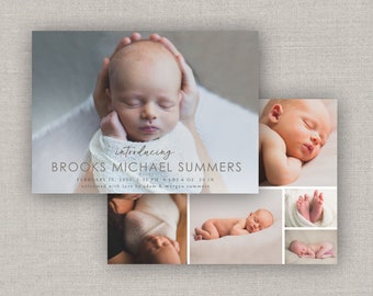 May include: A birth announcement card with a collage of photos of a newborn baby. The card reads "introducing Brooks Michael Summers, February 10, 2020 2:32 PM 6 lbs 6 oz 20 in, welcomed with love by Adam & Morgan Summers."