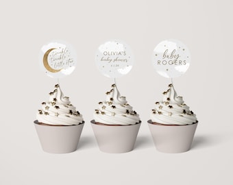 Sjabloon bewerkbare Twinkle Twinkle babyshower cupcake topper: direct downloaden