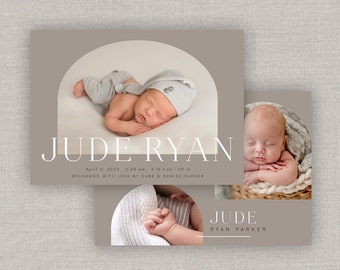 May include: A newborn announcement card featuring a sleeping baby in a gray hat and pants. The card includes the baby's name, "JUDE RYAN", birth date, time, weight (8 lb 1 oz), and length (20 in). The text "WELCOMED WITH LOVE BY GABE & DENISE PARKER" is also included.
