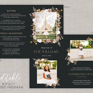 May include: A folded program for a baptism and confirmation, featuring a photo of a young girl in a white dress. The program has a dark background with floral accents and includes text about baptism and confirmation.