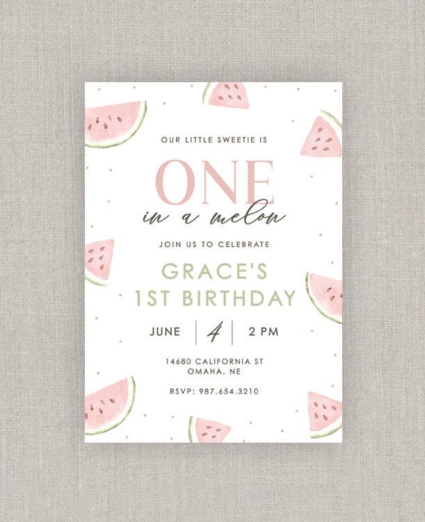 Editable One in a Melon Birthday Invitation Template Instant Download