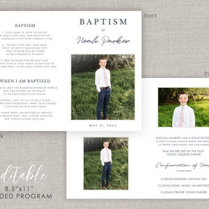 May include: A white folded programme for a baptism ceremony. The front cover features a photograph of a young boy in a suit and tie, with the text "Baptism of Noah Parker" and the date "May 21, 2022". The inside of the programme includes the text "Confirmation of Noah" and a list of musical numbers, speakers, and closing remarks.