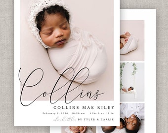 Editable Baby Girl Collins Birth Announcement Template: Instant Download