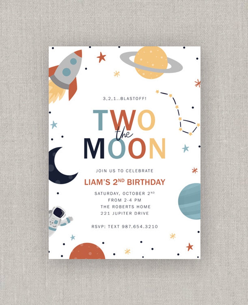 Two the Moon Space Birthday Invitation zdjęcie 1