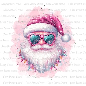 May include: A pink glitter Santa Claus with a white beard and pink heart-shaped sunglasses. The background is a pink watercolor wash.