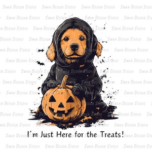 Halloween Puppy Clipart, Golden Retriever in Ghost and Hood Costume, Pumpkin Dog Design, Digital Download PNG & SVG