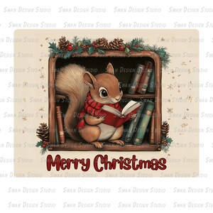 May include: A cute cartoon squirrel wearing a red and white scarf sits on a bookshelf, reading a red book. The bookshelf is decorated with holly and pine cones. The text "Merry Christmas" is written in red letters below the bookshelf.