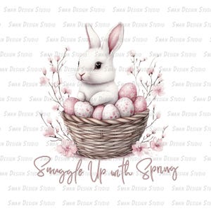 Springtime Pink Bunny Delight: White Rabbit With Pastel Eggs, Floral Basket, Ideal Easter Gift