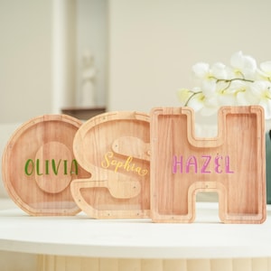 Alcancía personalizada para niños, alcancía de madera con letras del alfabeto, hucha personalizada, regalo de primer cumpleaños para niños y niñas, regalo con nombre para niños