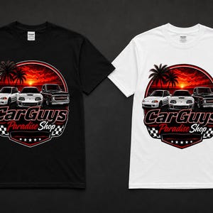 May include: Black and white t-shirts featuring a graphic with three cars, palm trees, and a sunset. The text "Car Guys Paradise Shop" is displayed in a stylized font within a red and black circular design.