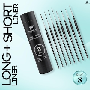 Set of 8 rigger detail long + short bristle brushes - sizes 4/0 , 3/0, 3/0, 2/0, 0, 0, 1, 1 - for line tracing & precision painting