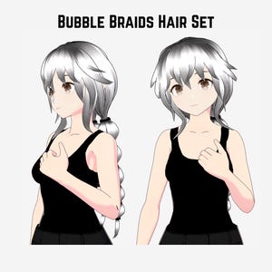 Könnte beinhalten: Zwei Anime-Figuren mit silbernem Haar und braunen Augen werden nebeneinander gezeigt. Sie tragen schwarze Tanktops. Der Text "BUBBLE BRAIDS HAIR SET" wird über den Figuren angezeigt.