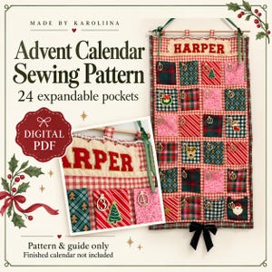 Puede incluir: Un patrón de costura digital en PDF para un calendario de adviento colgante con 24 bolsillos expandibles. El calendario presenta un fondo de cuadros vichy rojo y blanco, el nombre HARPER en letras rojas y varios cuadrados de tela festivos numerados.