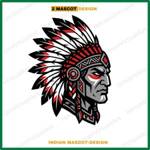 Könnte beinhalten: Grafische Illustration eines indianischen Häuptlings im Profil, der einen Federkopfschmuck trägt. Das Design weist rote, schwarze und weiße Farben auf, mit dem Text "2 MASCOT DESIGN" und "INDIAN MASCOT-DESIGN" oben und unten.