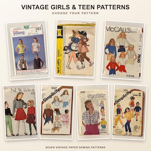 May include: Seven vintage paper sewing patterns for girls and teens, featuring various clothing designs including shirts, skirts, and vests. The envelopes display illustrations of models wearing the garments, with brand names like Burda, McCall's, and Simplicity.