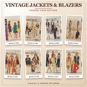 May include: A collection of eight vintage McCall's sewing patterns for jackets and blazers, displayed in individual white-bordered frames. Each paper envelope features illustrations of various blazer styles, including tailored, casual, and formal designs.