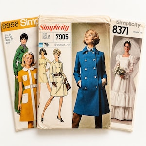 Patrones de costura vintage Simplicity de los años 70: Vestido de novia de moda femenina, patrón de costura retro.